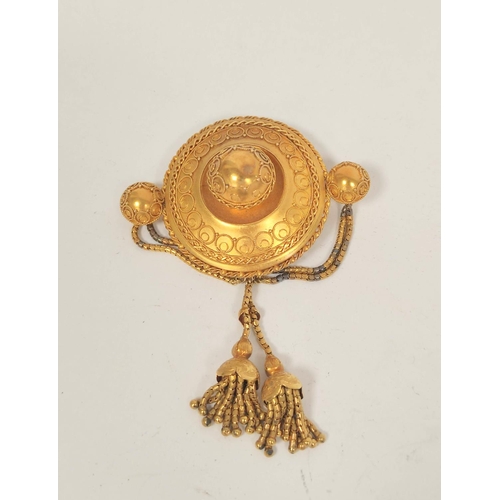 63 - Victorian gold brooch with granular and bead decoration and three bosses, with locket and two drops,... 