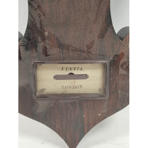 80 - Early Victorian rosewood wheel barometer by J Cetta, London with engraved silvered seal thermometer,... 