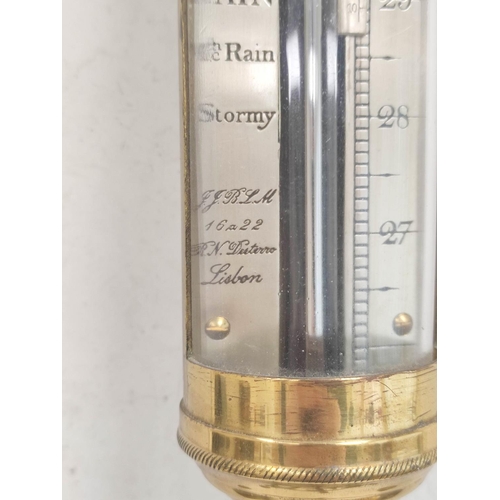 83 - Marine barometer with silvered scale signed Duterre Lisbon, with gimbal and circular fixing.