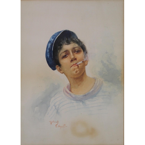 163 - Late 19th/Early 20th Century Neapolitan School.Portrait of a boy smoking a cigarette.Watercolour.35c... 