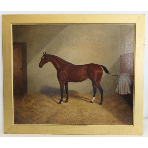 166 - Albert Clark (British 1843-1928).Portrait of a bay horse standing in a stable with initials J.R. on ... 