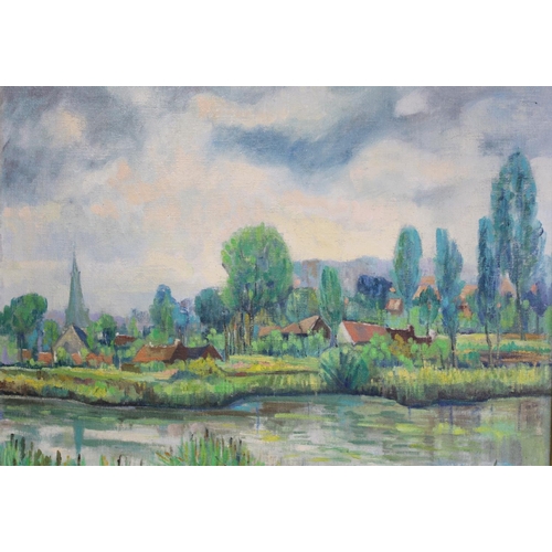 172 - Follower of Achille LaugéFrench riverscape with town.Oil on canvas laid on board.69cm x 79cm.Bears s... 