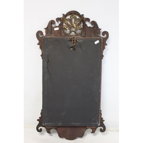 178 - George III style mahogany veneered wall mirror, fret cut frame with pierced shell pediment and mould... 