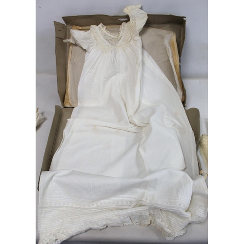 430 - Antique lace and net baby's christening gown lined in cream silk with similar bonnet and four lace a... 