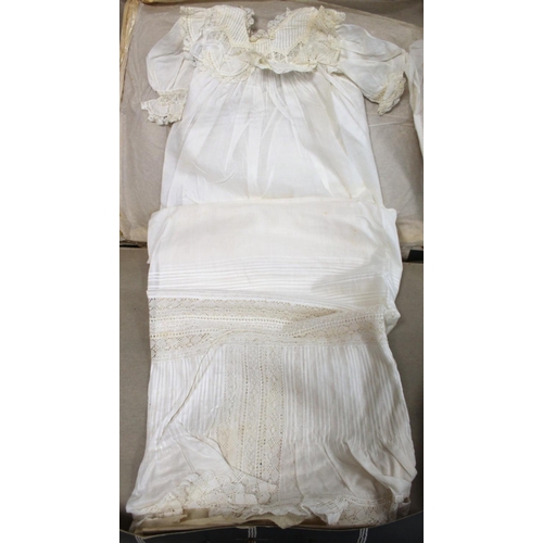 430 - Antique lace and net baby's christening gown lined in cream silk with similar bonnet and four lace a... 