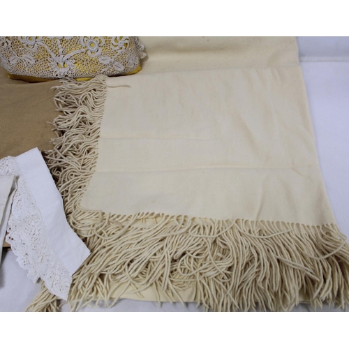 435 - Cream wool shawl or blanket with fringing; piece of cream wool blanket; two natural cotton twill she... 