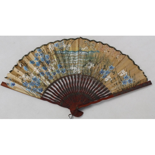 443 - Collection of  19th and early 20th century fans, comprising: Chinese fan with embroidered silk leaf ... 