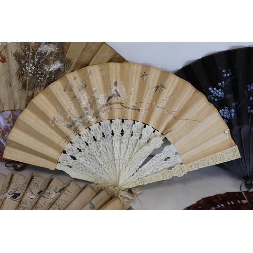 443 - Collection of  19th and early 20th century fans, comprising: Chinese fan with embroidered silk leaf ... 