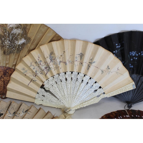 443 - Collection of  19th and early 20th century fans, comprising: Chinese fan with embroidered silk leaf ... 