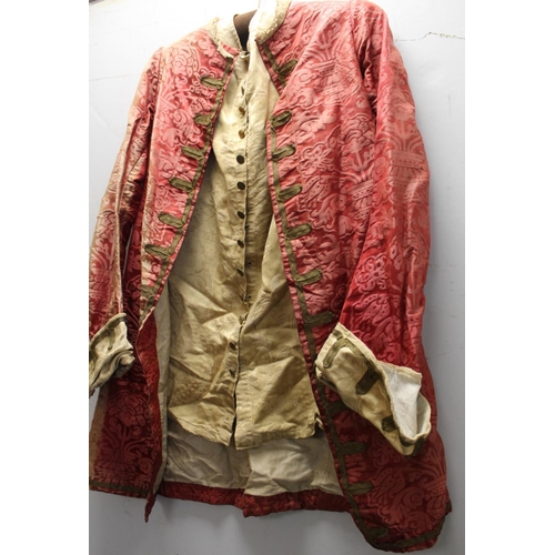 445 - 19th or early 20th century costume, possibly a fancy dress outfit, comprising pink damask jacket wit... 