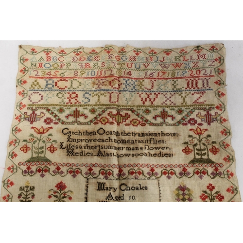 404A - Early 19th century sampler worked in polychrome silk threads on natural scrim ground by Mary Choaks,... 