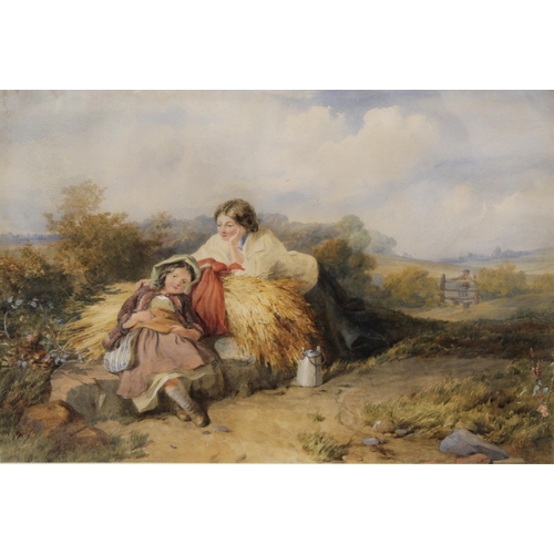 496 - John Henry Mole (1814-1866).Figures resting by the wayside.Watercolour heightened with white.34.5cm ... 