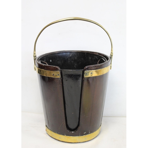 508 - Late 18th century Irish mahogany brass bound plate bucket of tapered coopered form with swing handle... 