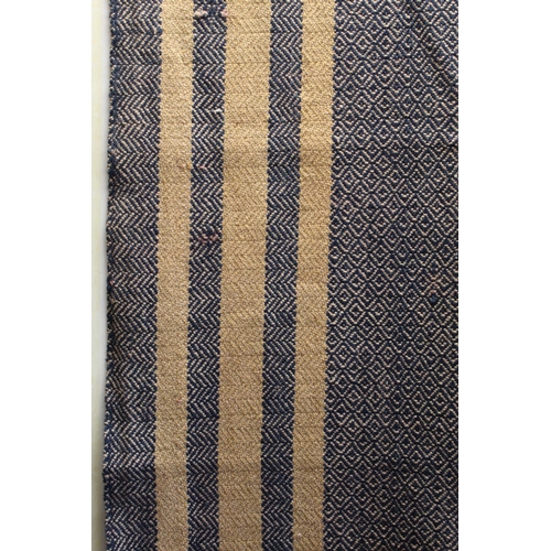 458 - Early 19th century two piece wool blanket with diamond weave and banding to ends in indigo and ochre... 