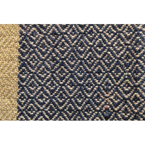 458 - Early 19th century two piece wool blanket with diamond weave and banding to ends in indigo and ochre... 