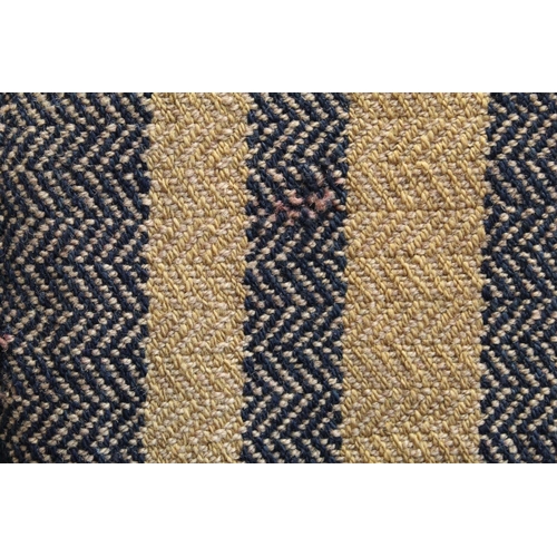 458 - Early 19th century two piece wool blanket with diamond weave and banding to ends in indigo and ochre... 