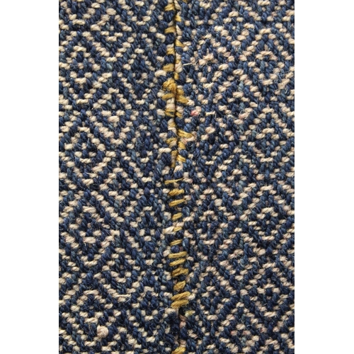 458 - Early 19th century two piece wool blanket with diamond weave and banding to ends in indigo and ochre... 