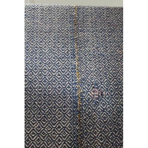 458 - Early 19th century two piece wool blanket with diamond weave and banding to ends in indigo and ochre... 