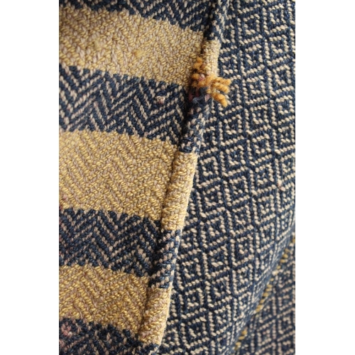 458 - Early 19th century two piece wool blanket with diamond weave and banding to ends in indigo and ochre... 