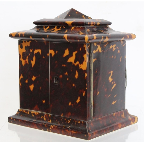 464 - 19th century tortoiseshell veneered table top cabinet of rectangular form, the domed top with hinged... 