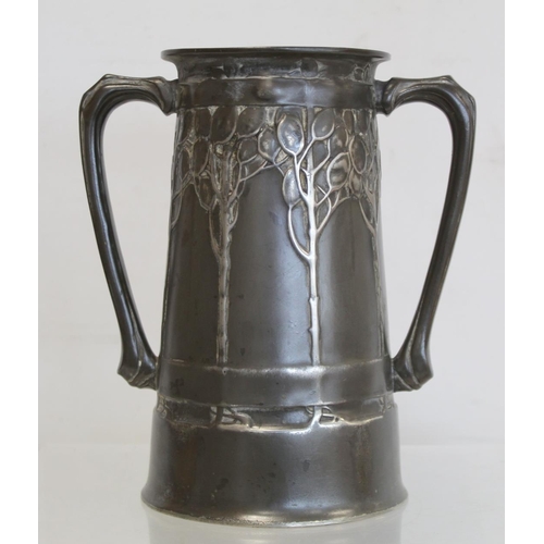 466 - Tudric pewter Art Nouveau twin handled loving cup by David Veazey for Liberty & Co., decorated w... 