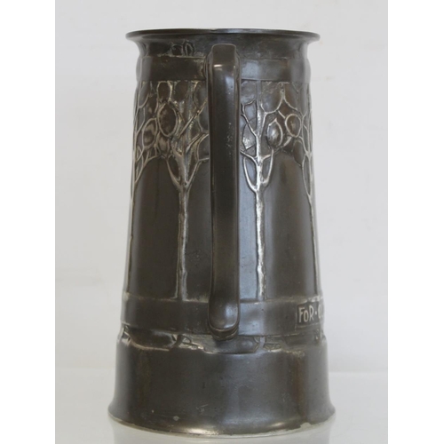 466 - Tudric pewter Art Nouveau twin handled loving cup by David Veazey for Liberty & Co., decorated w... 