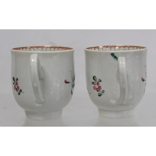 476 - Two 18th century English porcelain coffee cups decorated with polychrome floral sprays and iron red ... 