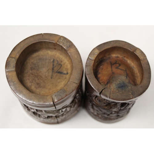 478 - Two 19th or early 20th century Chinese carved bamboo brush pots decorated with figures in landscapes... 