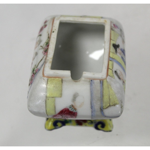 480 - Miniature Chinese Famille Rose condiment pot and cover of rectangular cushion form on low raised bas... 