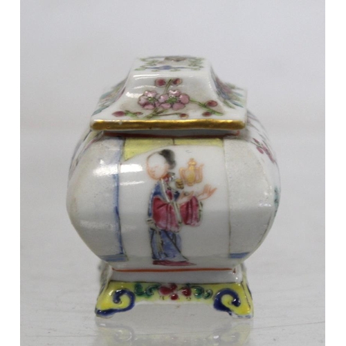 480 - Miniature Chinese Famille Rose condiment pot and cover of rectangular cushion form on low raised bas... 