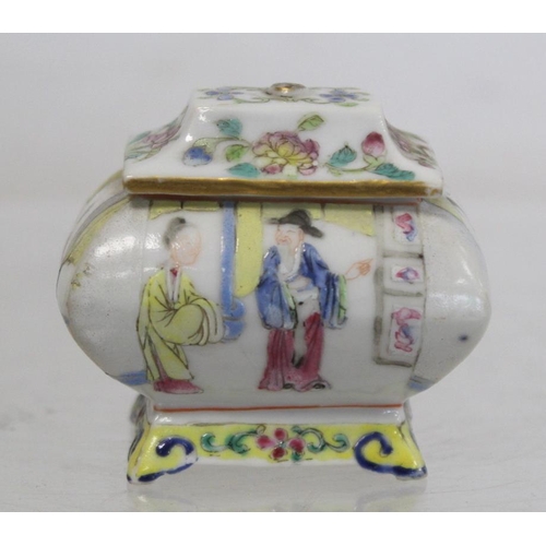 480 - Miniature Chinese Famille Rose condiment pot and cover of rectangular cushion form on low raised bas... 