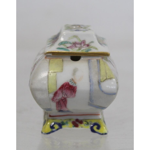 480 - Miniature Chinese Famille Rose condiment pot and cover of rectangular cushion form on low raised bas... 