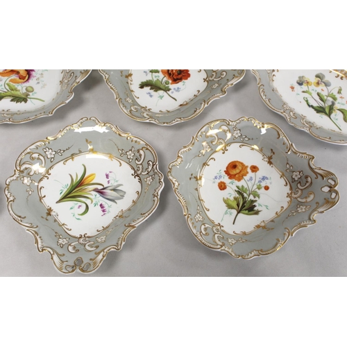 487 - Early 19th century English porcelain dessert service, probably Coalport, each piece depicting a diff... 