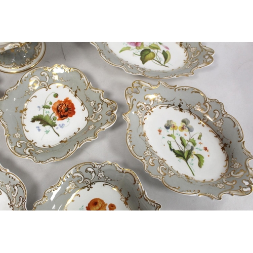 487 - Early 19th century English porcelain dessert service, probably Coalport, each piece depicting a diff... 