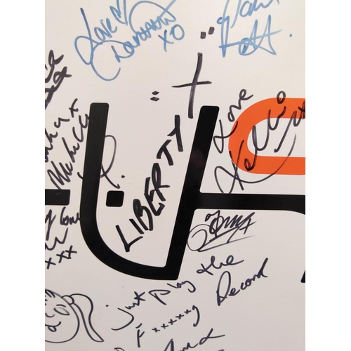 508 - Forth One radio signed whiteboard with signatures of the Sugababes, Liberty X and others. Purchased ... 