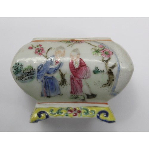 480 - Miniature Chinese Famille Rose condiment pot and cover of rectangular cushion form on low raised bas... 