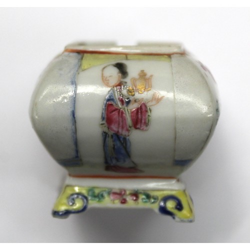 480 - Miniature Chinese Famille Rose condiment pot and cover of rectangular cushion form on low raised bas... 