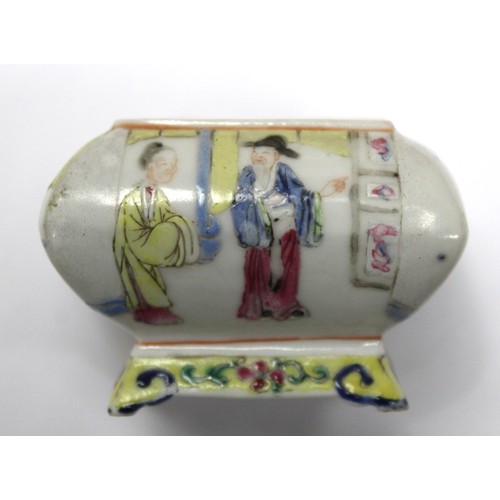 480 - Miniature Chinese Famille Rose condiment pot and cover of rectangular cushion form on low raised bas... 