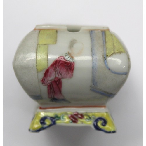 480 - Miniature Chinese Famille Rose condiment pot and cover of rectangular cushion form on low raised bas... 