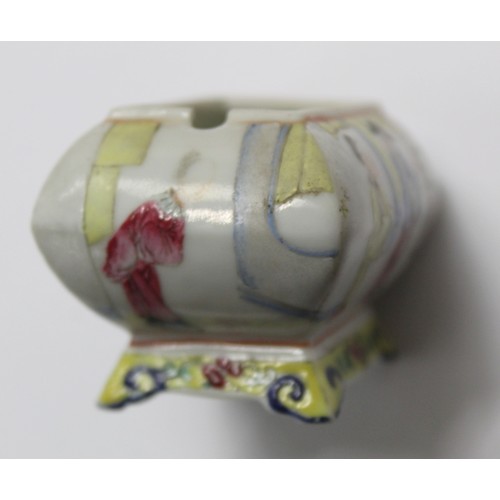 480 - Miniature Chinese Famille Rose condiment pot and cover of rectangular cushion form on low raised bas... 