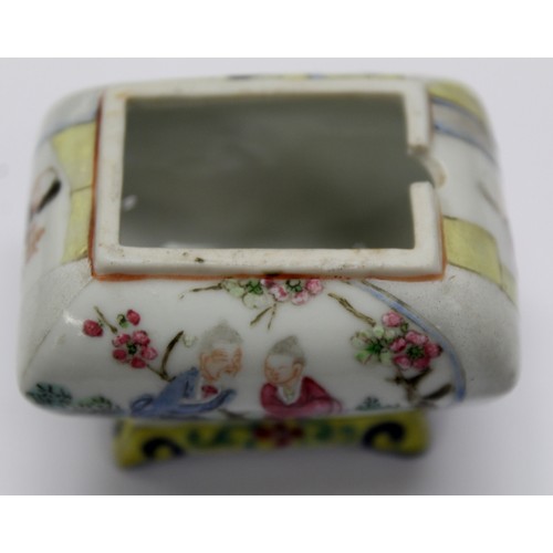 480 - Miniature Chinese Famille Rose condiment pot and cover of rectangular cushion form on low raised bas... 