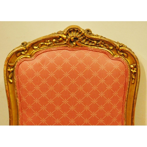 305 - Pair of Louis XV style giltwood parlour chairs decorated with moulded roses, floral panels and acant... 