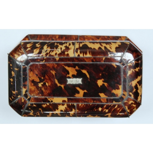 201 - Georgian tortoiseshell tea caddy of canted rectangular form with inlaid white metal stringing, plaqu... 