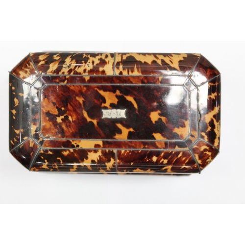 201 - Georgian tortoiseshell tea caddy of canted rectangular form with inlaid white metal stringing, plaqu... 