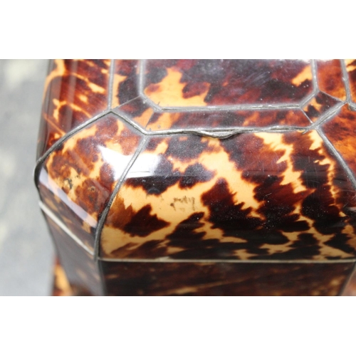 201 - Georgian tortoiseshell tea caddy of canted rectangular form with inlaid white metal stringing, plaqu... 