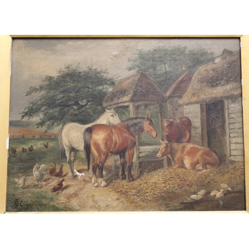 248 - S. J. Clark (Late19th/Early 20th Century British School).Horses, cattle and chickens in a farmyard.2... 