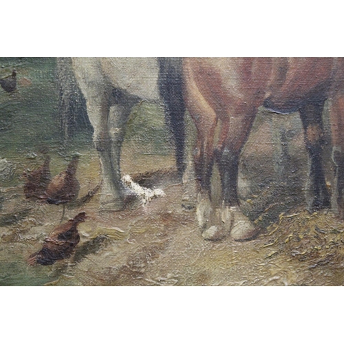 248 - S. J. Clark (Late19th/Early 20th Century British School).Horses, cattle and chickens in a farmyard.2... 