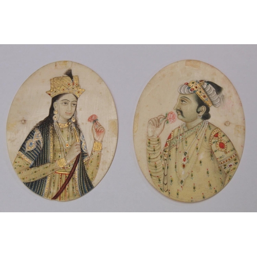 278 - Pair of Indian Mughal School watercolour paintings on ivory of a Maharaja and his wife, both heighte... 