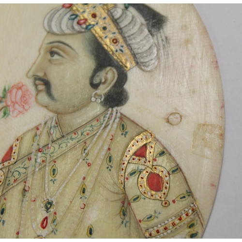 278 - Pair of Indian Mughal School watercolour paintings on ivory of a Maharaja and his wife, both heighte... 