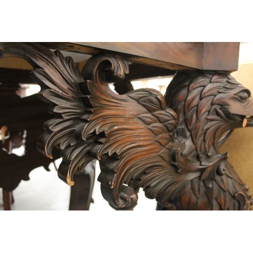 562 - Impressive walnut console table base on scroll supports profusely carved with grotesque birds at eac... 